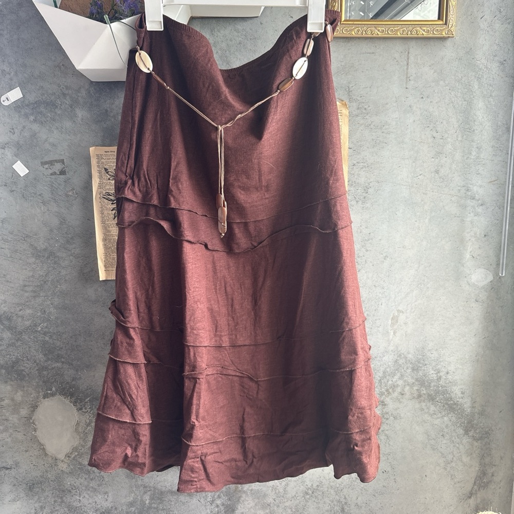 dressbarn Brown Linen Blend Tiered Skirt